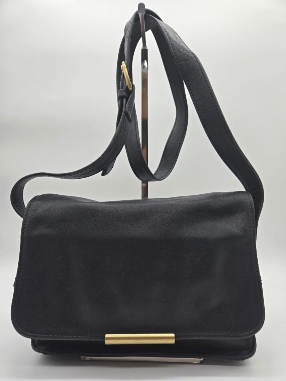 Vintage 90s Nine West Black Leather Front Flap Crossbody Bag Brass Hardware